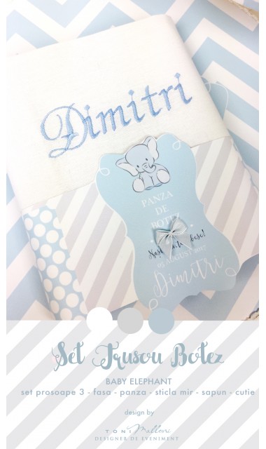 Trusou de botez cu broderie personalizata pentru baieti, Bleu & Grey Elephant 6